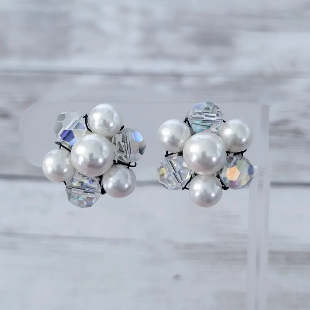 Vintage Clip On Earrings Faux Pearl & Iridescent Cluster Statement